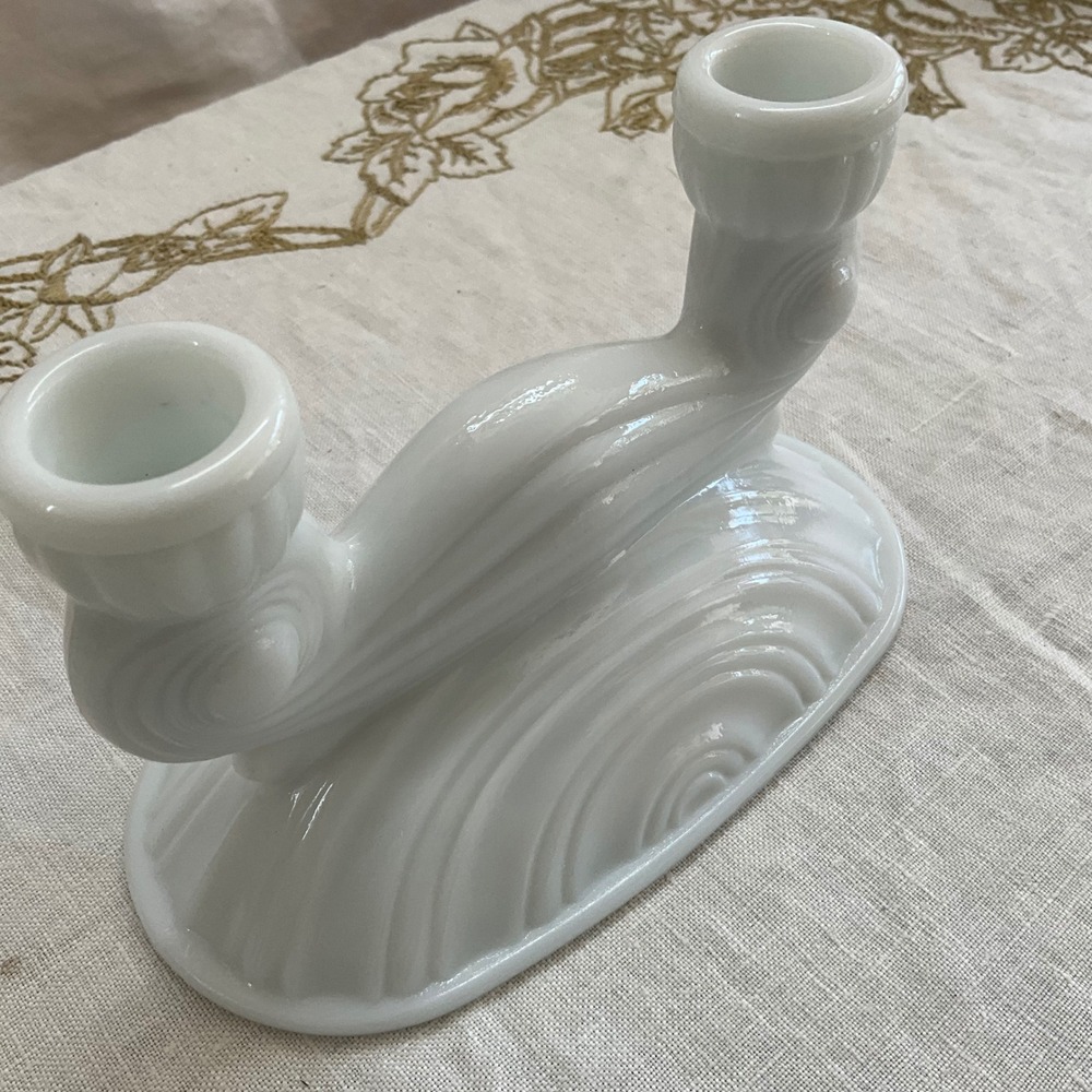 Vintage McKee Milk Glass Double Candlestick Art Deco Scrolled White Taper Holder - Picture 3 of 7